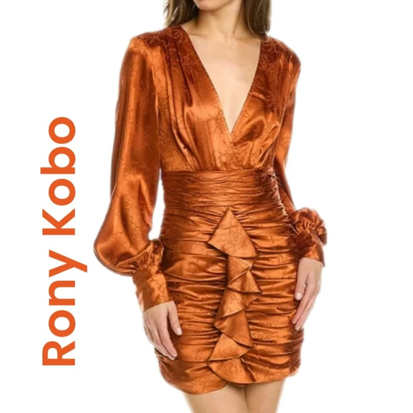 Rony Kobo Womens Orange Rust Carissa Mini Cocktail Club Dress Sz Xs Party FLAWS - Picture 1 of 15